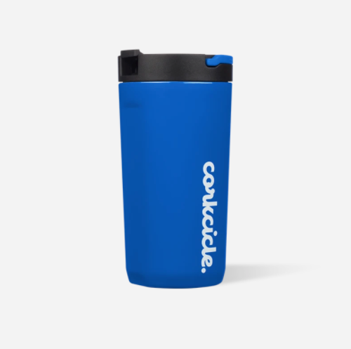 Corkcicle 12oz Kids Cup in Royal Blue with triple-wall insulation, soft-grip sides, shatter-resistant design, easy-carry handle, and sip lid—perfect for toddlers and kids. Keeps drinks cold for hours. Available at Be Charmed.