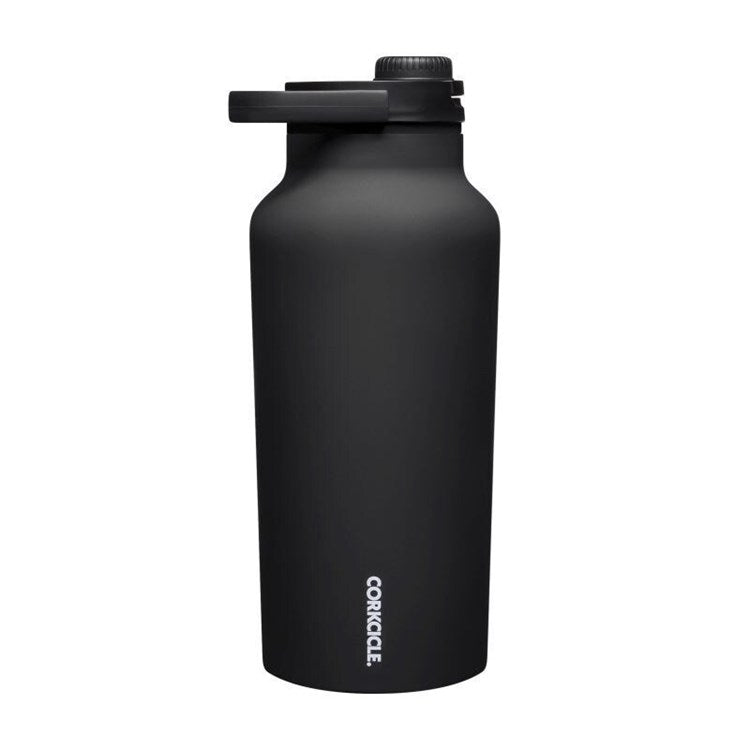 Black water bottle with a cap on a white background.  Available at Be Charmed