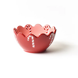 Red decorative bowl with candy cane design on a white background. Available at Be Charmed. 