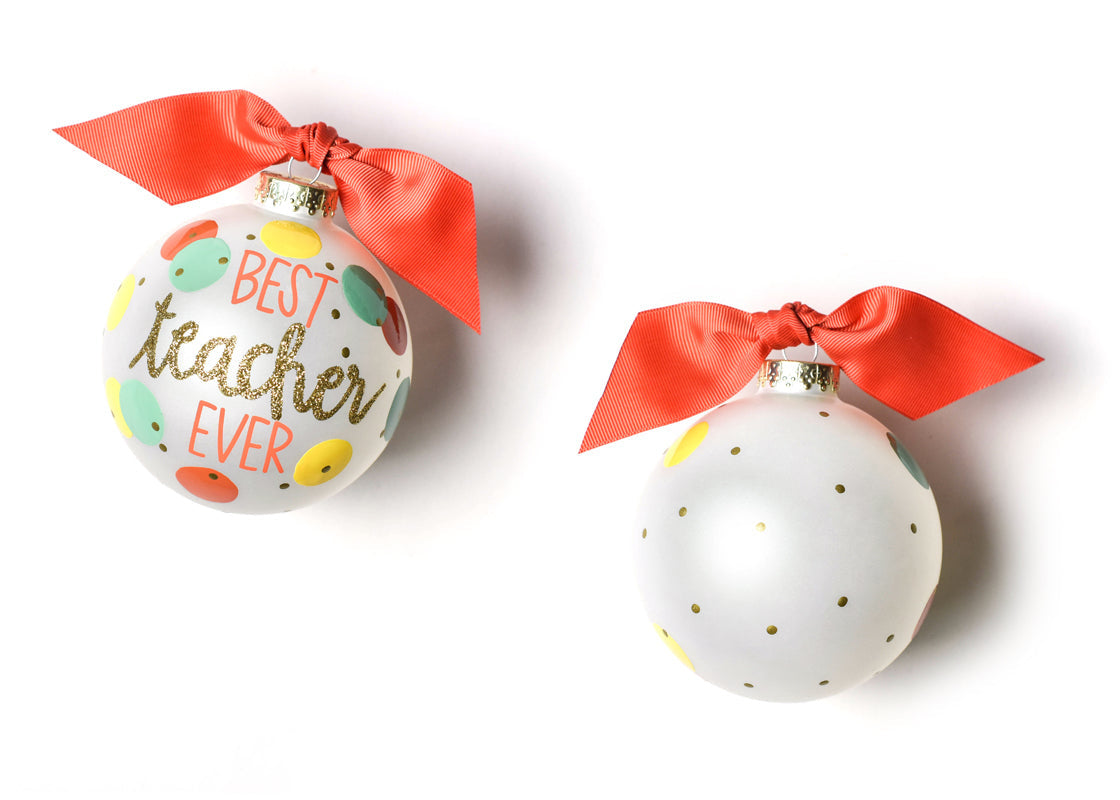 Coton Colors “Best Teacher Ever” hand‑painted glass ornament with apple motif, cheerful script and glitter trim—perfect teacher gift – Available at Be Charmed