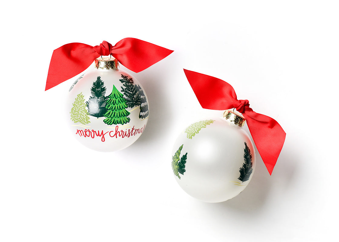Two Christmas ornaments with red bows on a white background. Available at Be Charmed