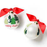 Two Christmas ornaments with red bows on a white background. Available at Be Charmed