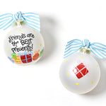 Two round glass ornaments with a text 'Friends Are The Best Presents!' and decorated with colorful presents, yellow polka dots, black writing, and blue and white accent ribbons. Available at Be Charmed