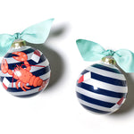 Two Christmas ornaments with striped patterns and lobster designs, tied with light blue ribbons on a white background. Available at Be Charmed