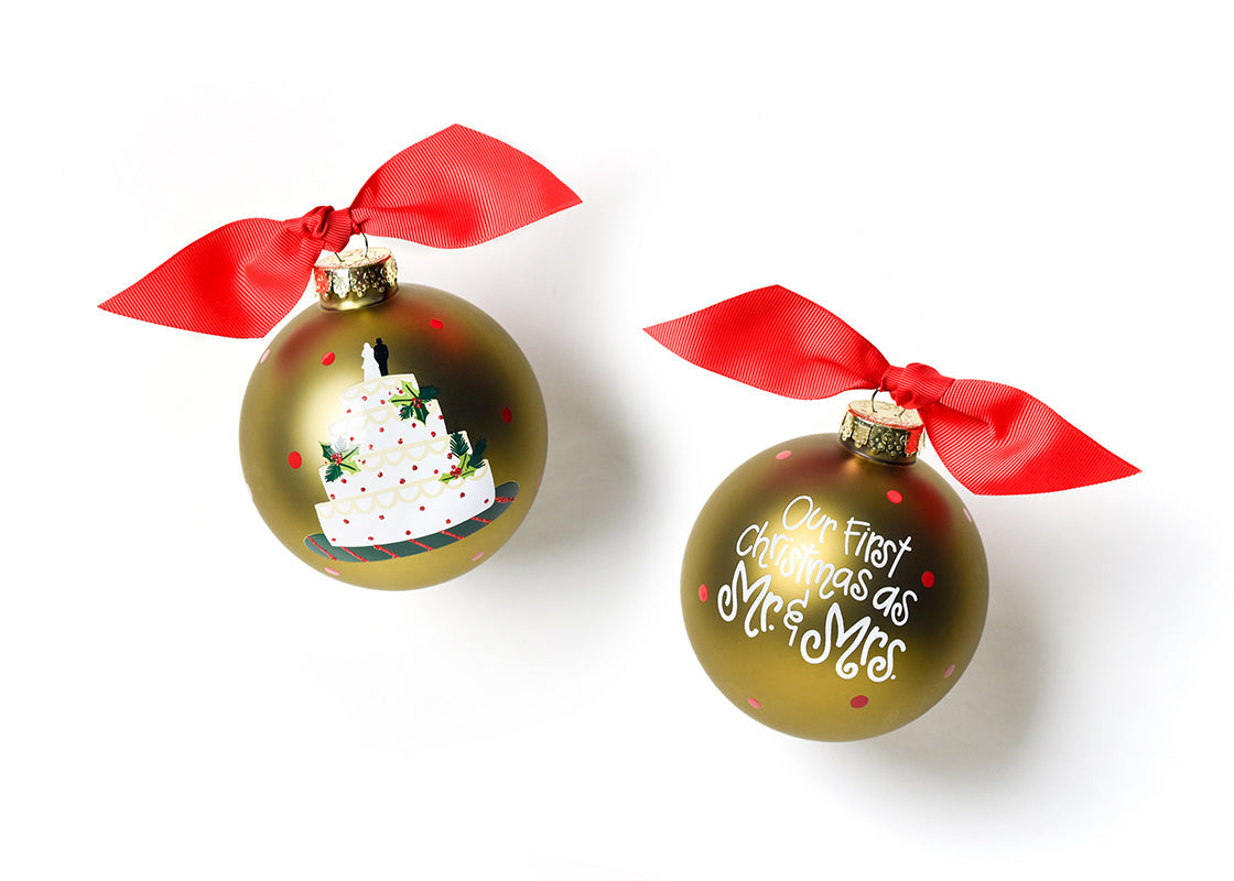 Two Christmas ornaments with red bows on a white background. Available at Be Charmed