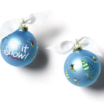 Two blue Christmas ornaments with festive designs on a white background. Available at Be Charmed