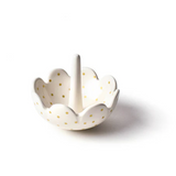 Coton Colors Gold Swiss Dot Scallop Ring Dish – White ceramic dish with gold dot accents and scalloped edges, featuring a sculpted ring cone, available at Be Charmed