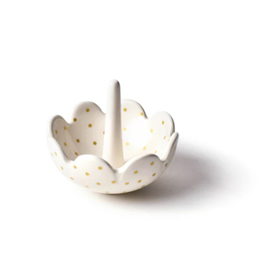 Coton Colors Gold Swiss Dot Scallop Ring Dish – White ceramic dish with gold dot accents and scalloped edges, featuring a sculpted ring cone, available at Be Charmed
