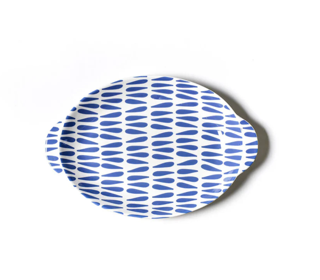 Coton Colors large oval platter with dual handles, featuring hand‑painted Iris Blue raindrop design on white ceramic—Available at Be Charmed