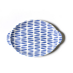 Coton Colors large oval platter with dual handles, featuring hand‑painted Iris Blue raindrop design on white ceramic—Available at Be Charmed