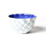 Coton Colors Iris Blue Pip Ruffle Appetizer Bowl – White stoneware with delicate pip pattern and ruffled rim, featuring vibrant blue interior.