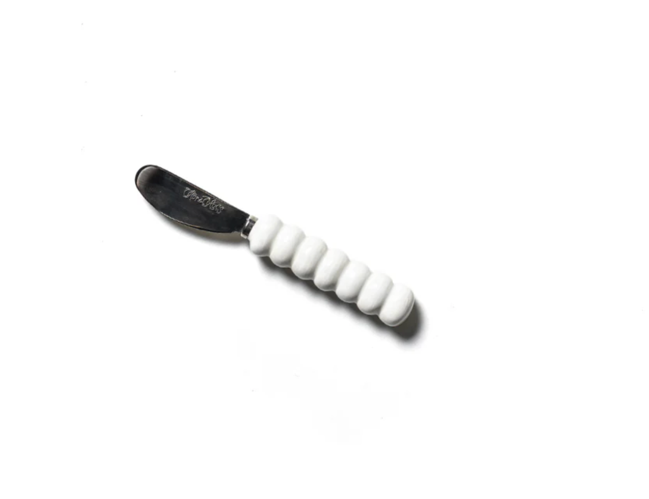 Coton Colors White Signature Knob Appetizer Spreader with scalloped edge and knob handle, hand‑painted creamy white ceramic—Available at Be Charmed