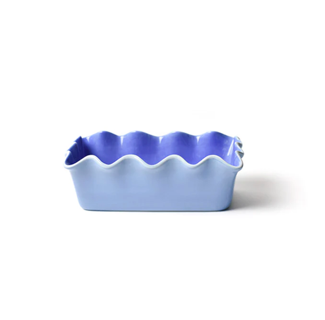 Hand-painted Iris Blue Ruffle Loaf Pan in ceramic, 8.8″ × 4.8″ × 3″ with signature ruffled edge and tone-on-tone blue detail—Available at Be Charmed