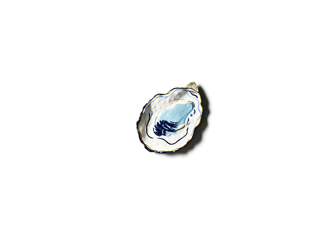 Hand‑painted Coton Colors Oyster Trinket Bowl with gold metallic detailing, perfect as a coastal catch‑all dish or soap holder – Available at Be Charmed