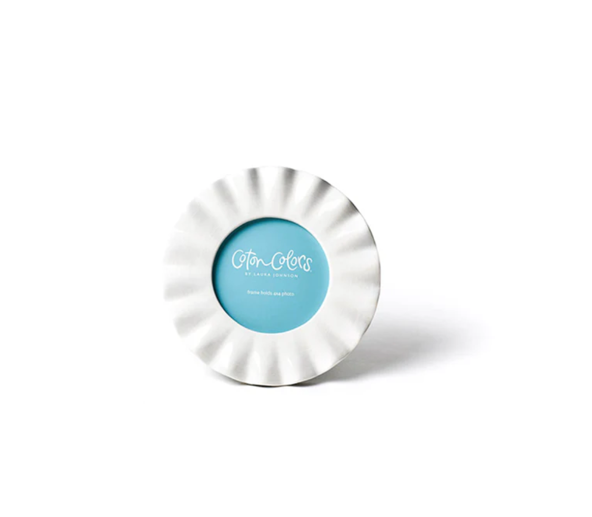 Coton Colors Round Picture Frame with signature white ruffle edge, elegant ceramic photo display for 4x4 pictures – Available at Be Charmed