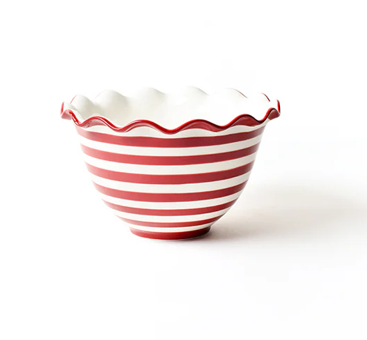 Coton Colors red and white striped bowl with wavy edge on a white background. Available at Be Charmed. 