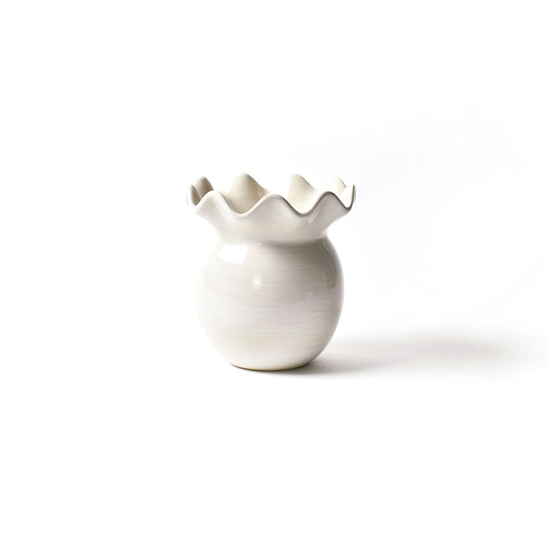 White ceramic vase with scalloped rim on a white background. Available at Be Charmed