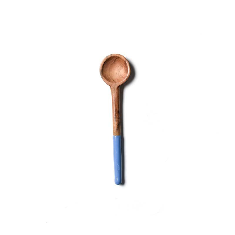 Wooden spoon with a blue handle on a white background. Available at Be Charmed