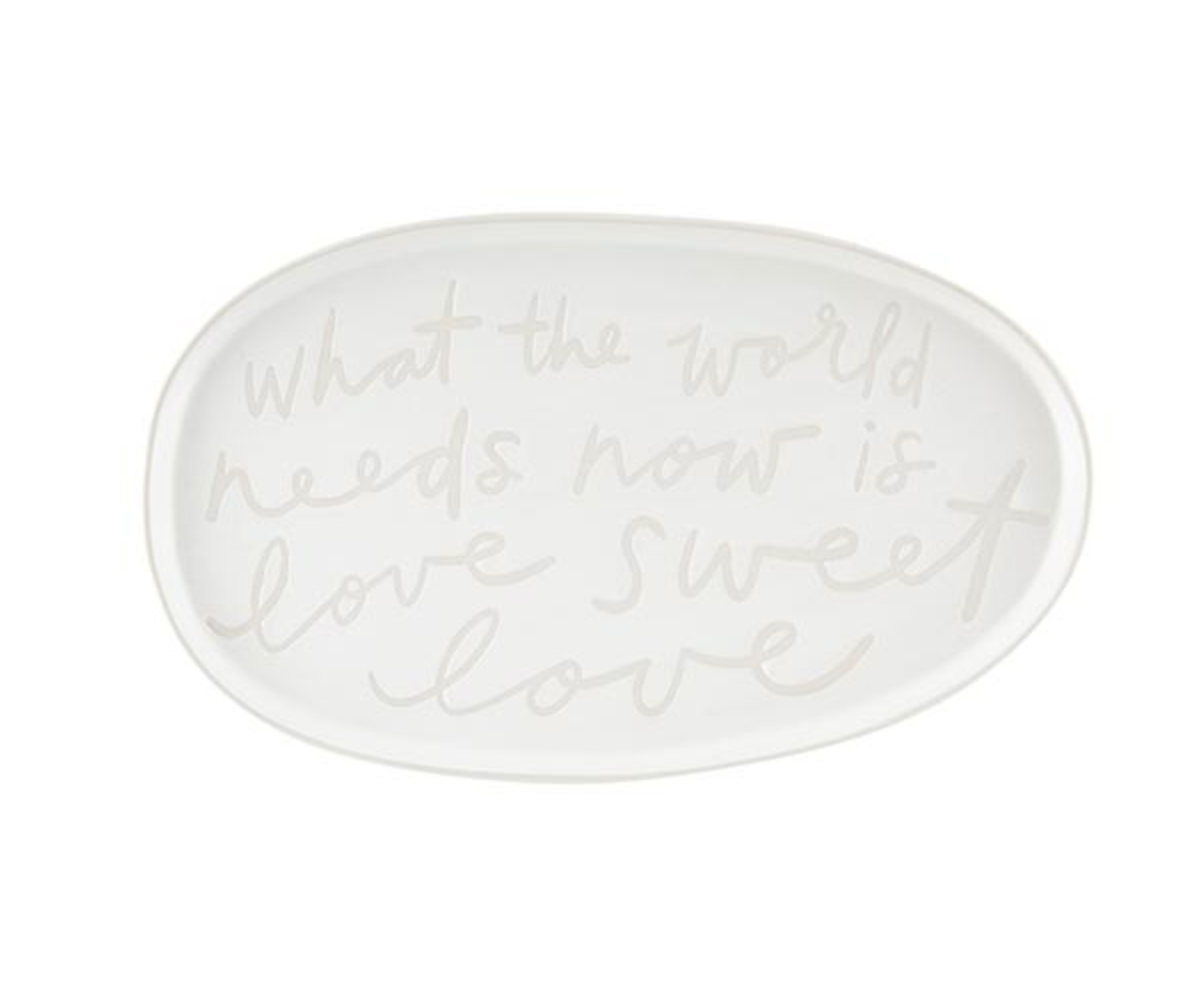 Creative Brands Sweet Love ceramic oblong plate with heart‑and‑script motif and scalloped edge, glossy finish—Available at Be Charmed