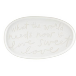 Creative Brands Sweet Love ceramic oblong plate with heart‑and‑script motif and scalloped edge, glossy finish—Available at Be Charmed