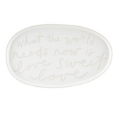 Creative Brands Sweet Love ceramic oblong plate with heart‑and‑script motif and scalloped edge, glossy finish—Available at Be Charmed