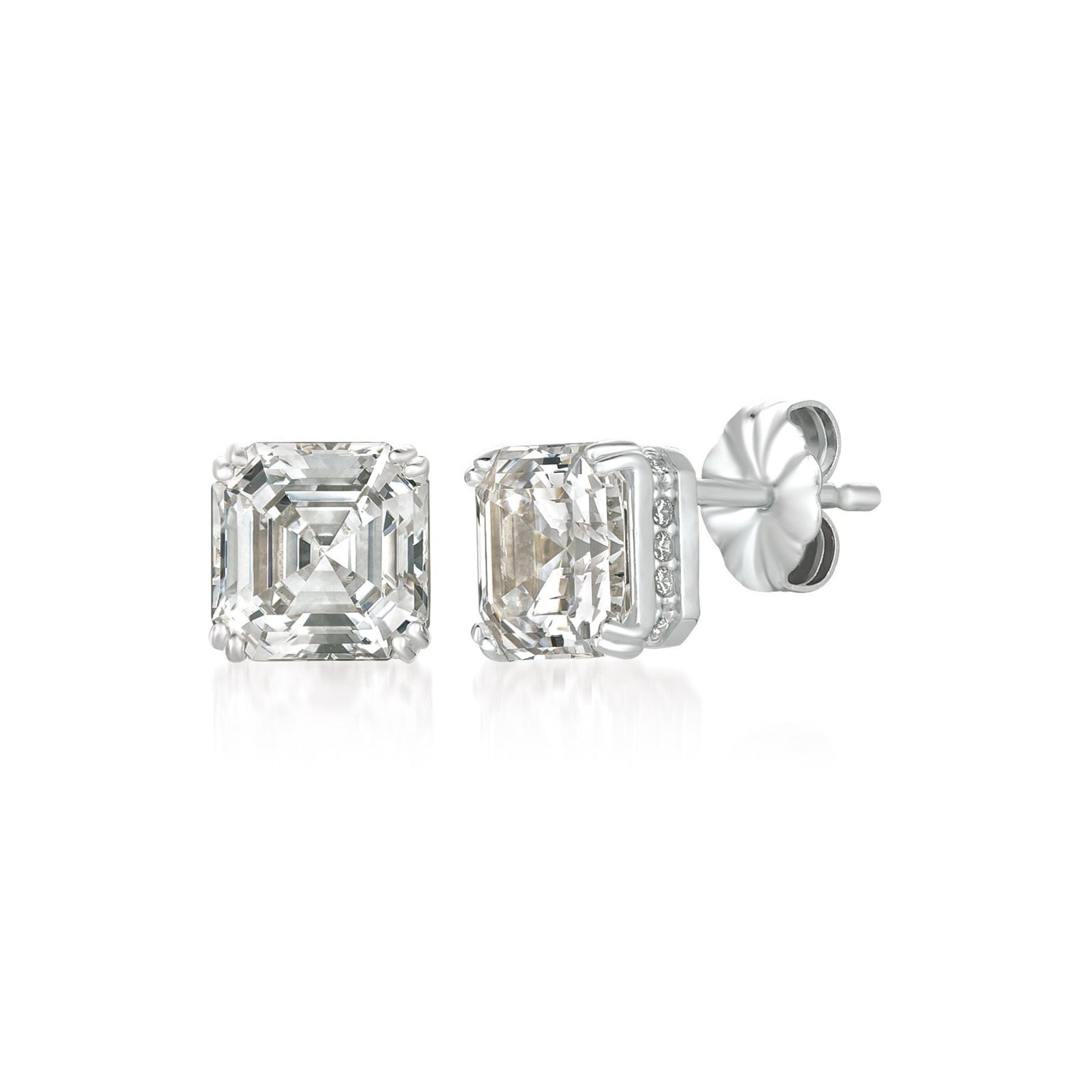 Pair of CZ stud earrings on a white background. Available at Be Charmed