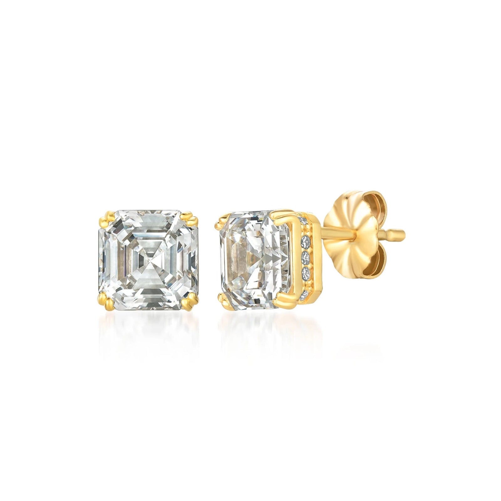 Gold earrings with CZ on a white background. Available at Be Charmed