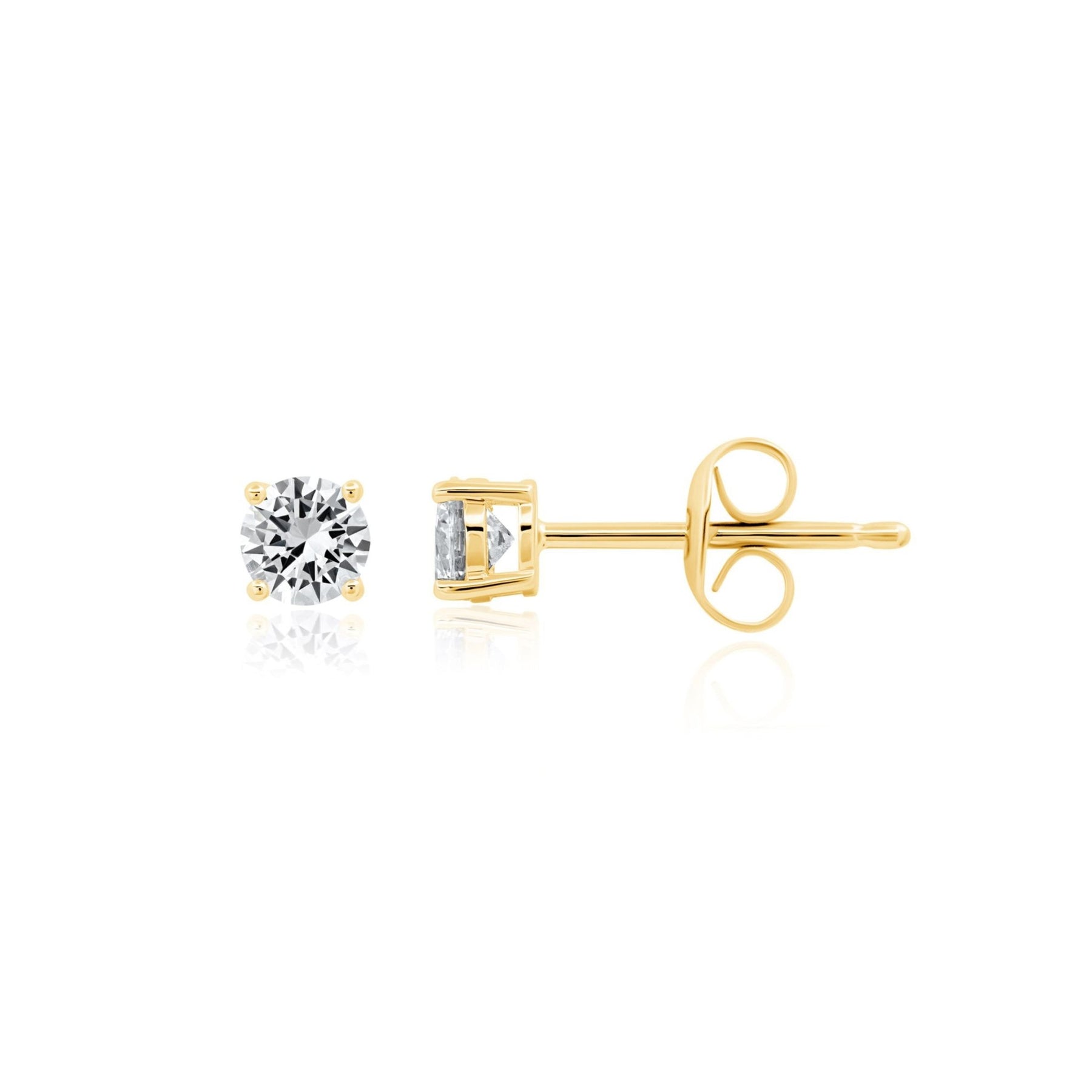 Gold stud earrings with CZ on a white background. Available at Be Charmed
