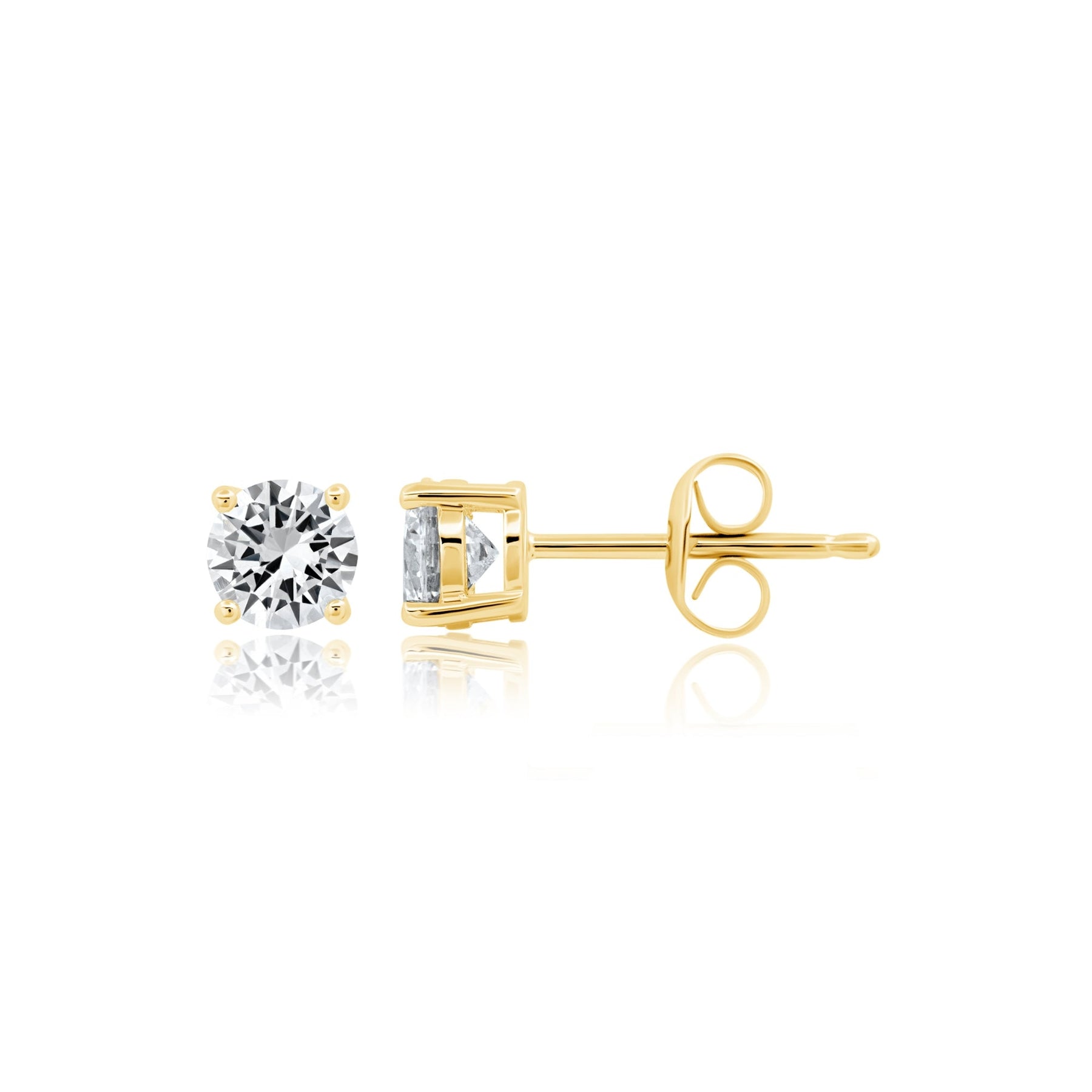 Gold stud earrings with CZ on a white background. Available at Be Charmed