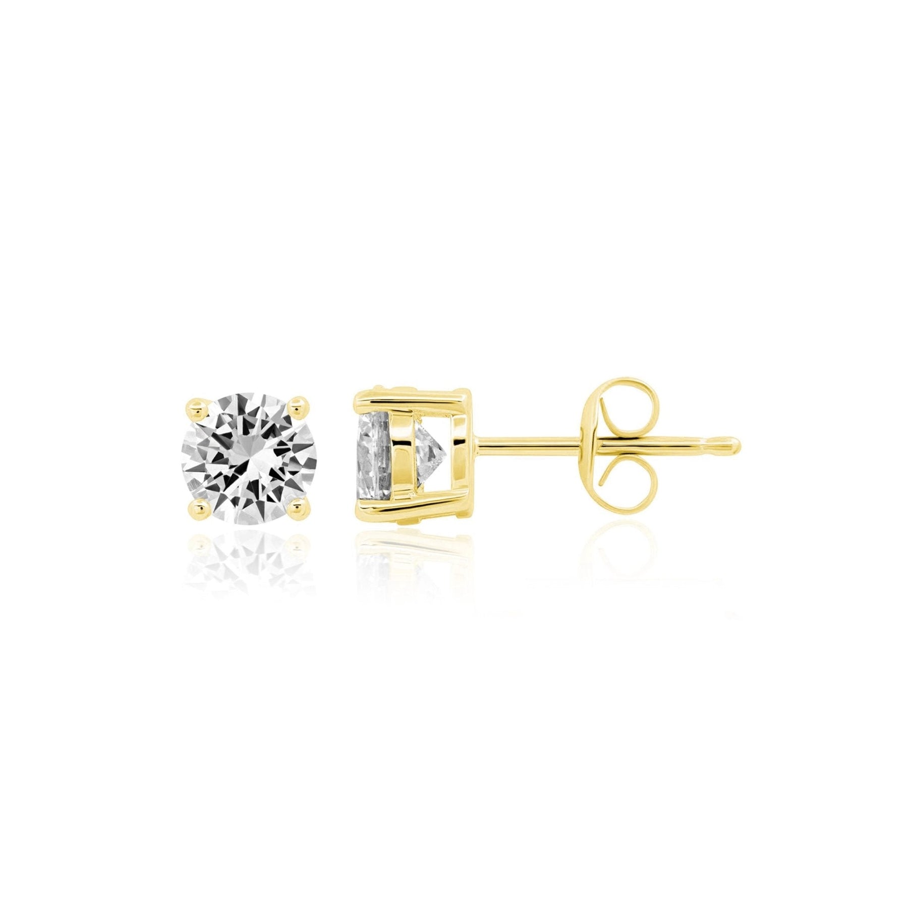 Gold stud earrings with CZ on a white background. Available at Be Charmed