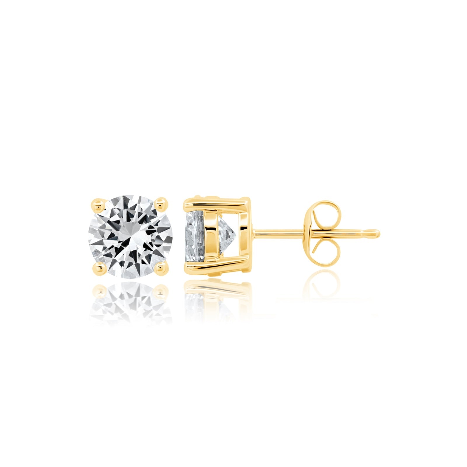 Gold stud earrings with CZ on a white background. Available at Be Charmed