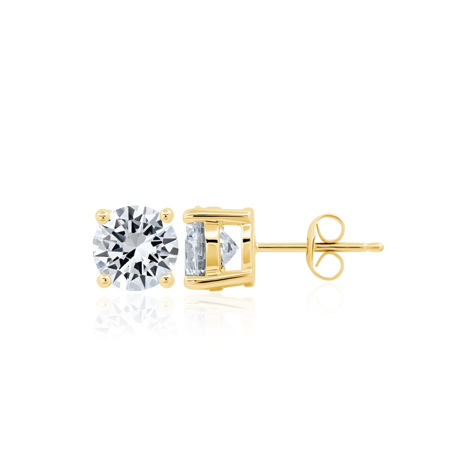 Gold stud CZ earrings on a white background. Available at Be Charmed