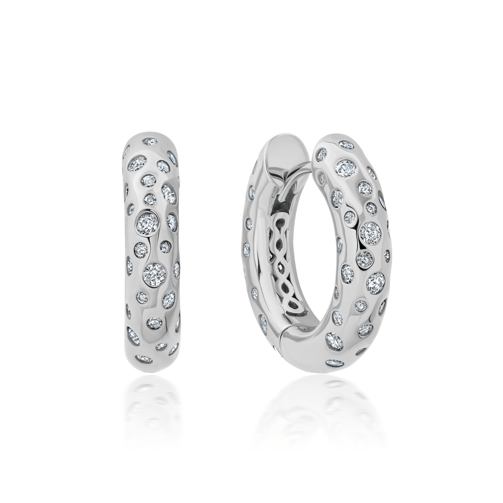 Silver hoop earrings with embedded CA stones on a white background. Available at Be Charmed