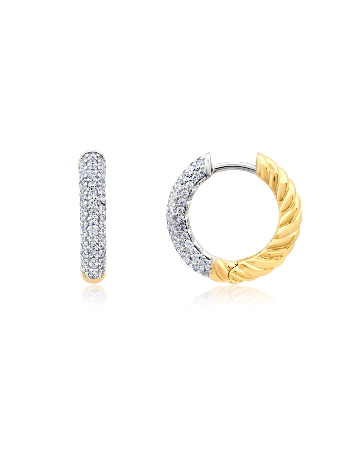 Two tone hoop earrings on a white background. Available at Be Charmed