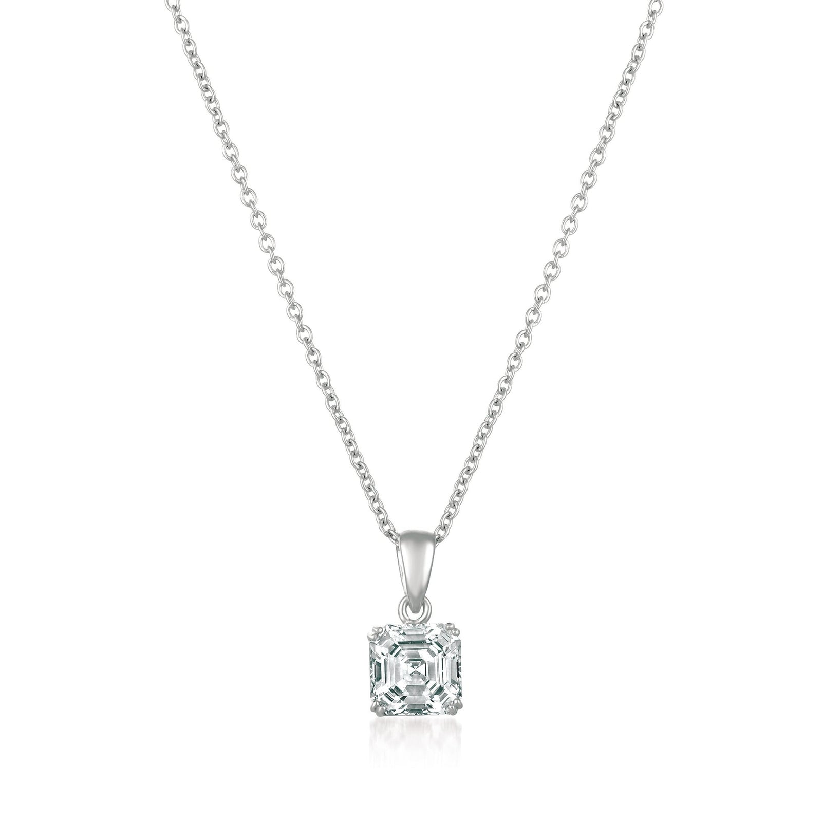 Silver necklace with a square-cut pendant on a white background. Available at Be Charmed