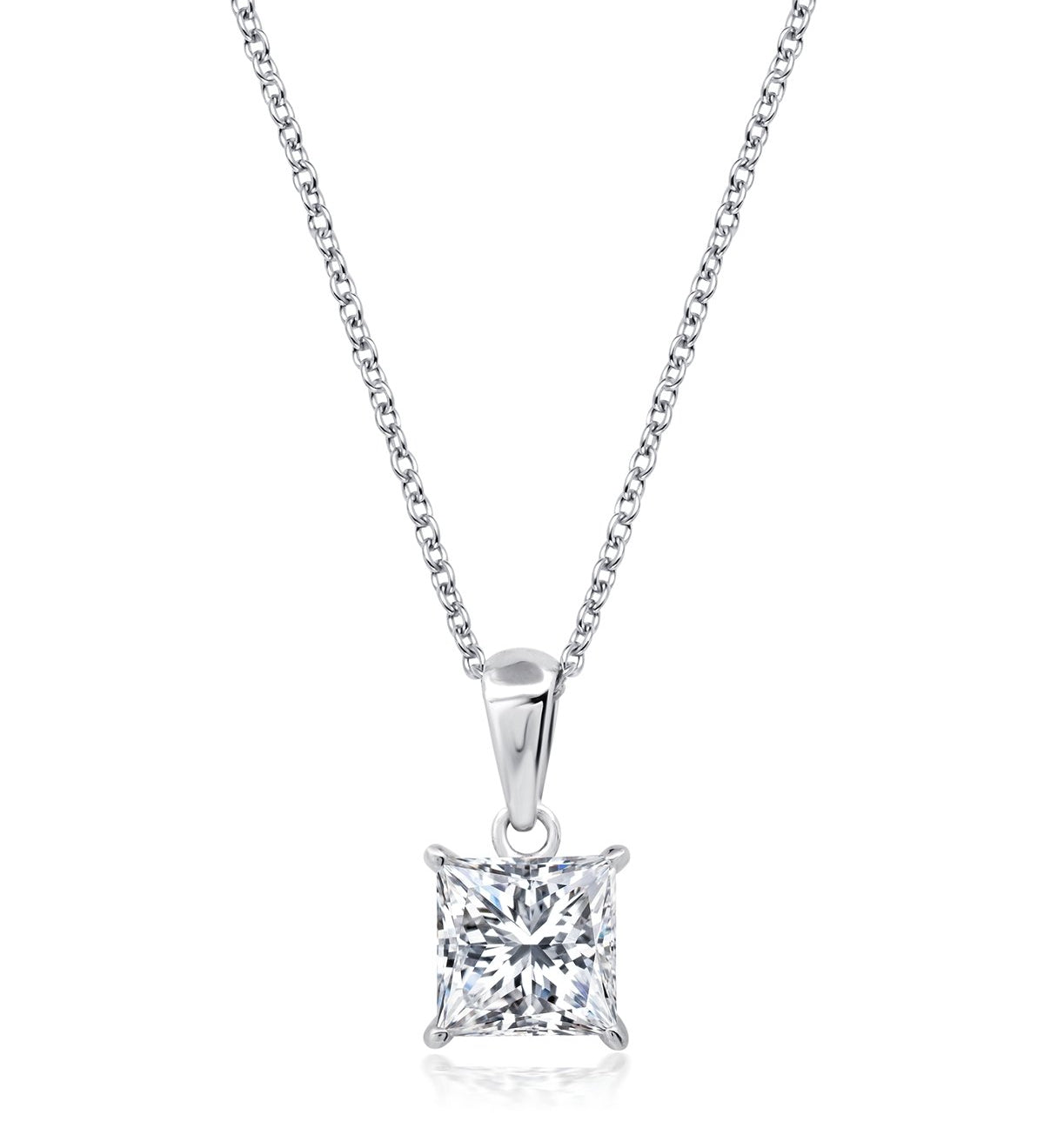 Silver necklace with a CZ pendant on a white background. Available at Be Charmed