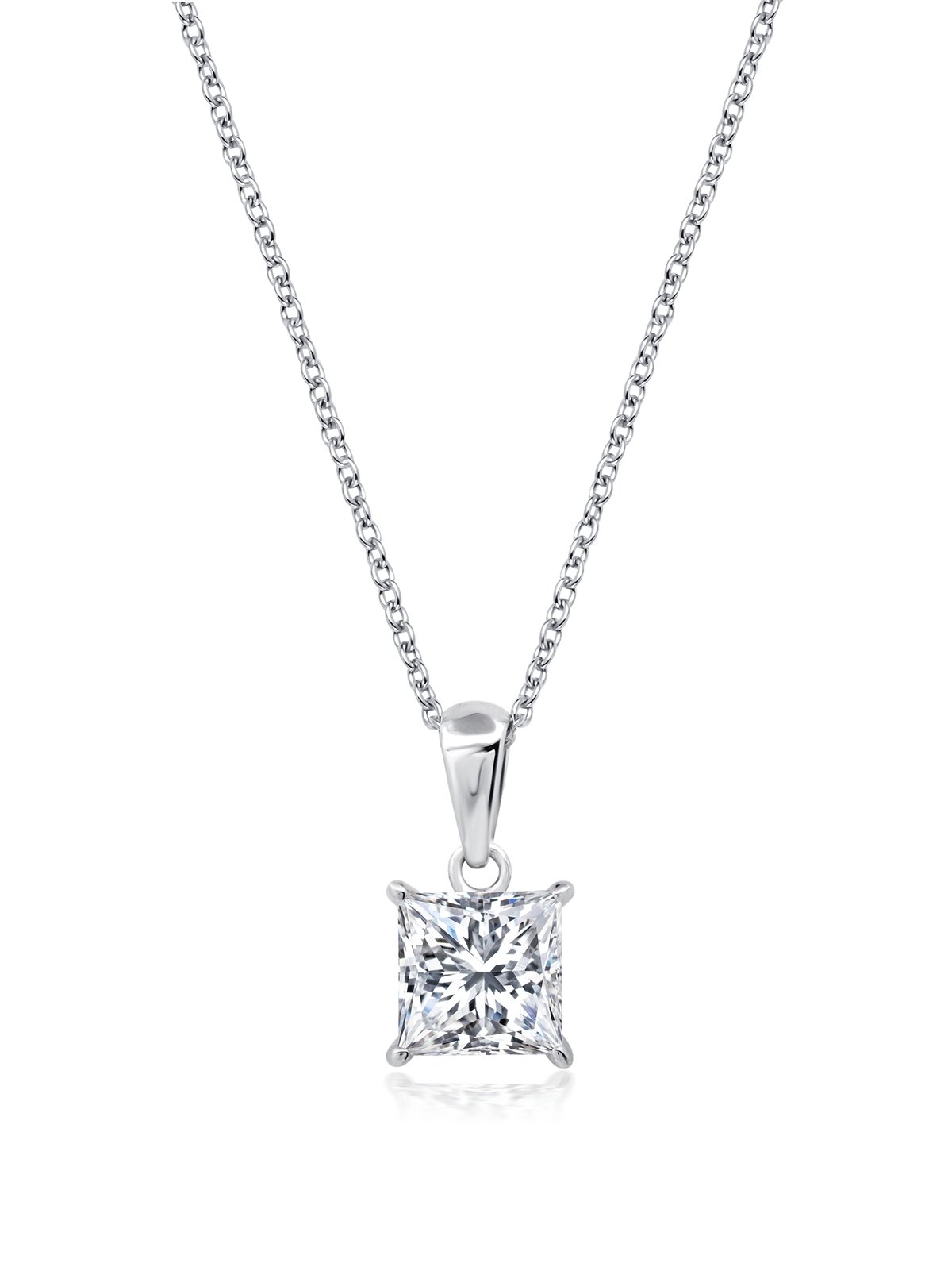 Silver necklace with a CZ pendant on a white background. Available at Be Charmed