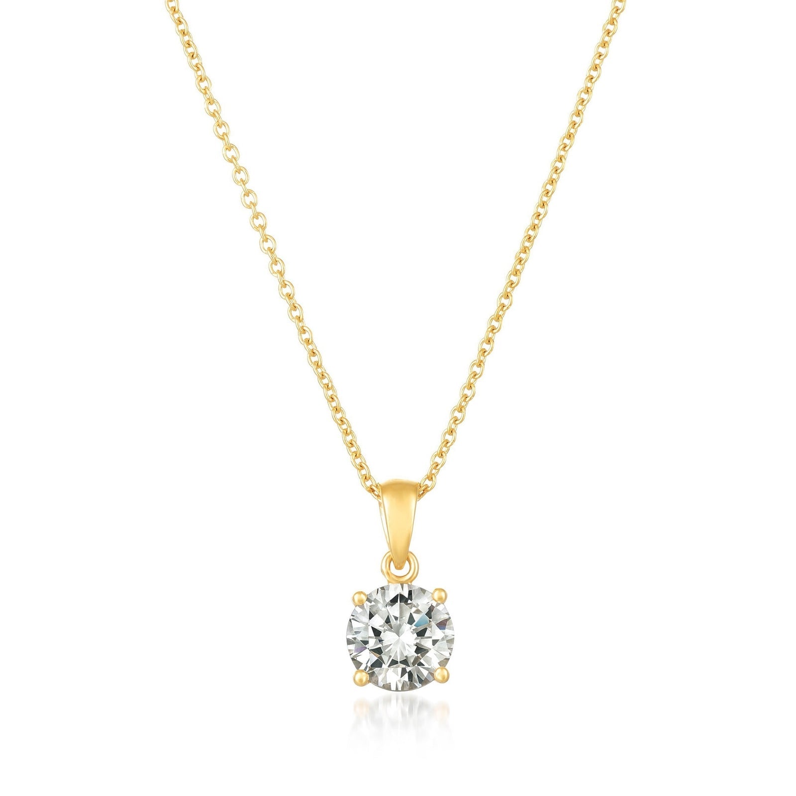 Gold necklace with a CZ pendant on a white background. Available at Be Charmed