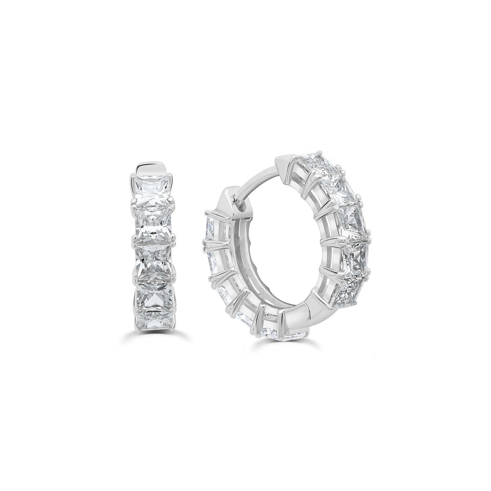 Crislu princess cut cubic zirconia hoop earrings finished in pure platinum available at Be Charmed.