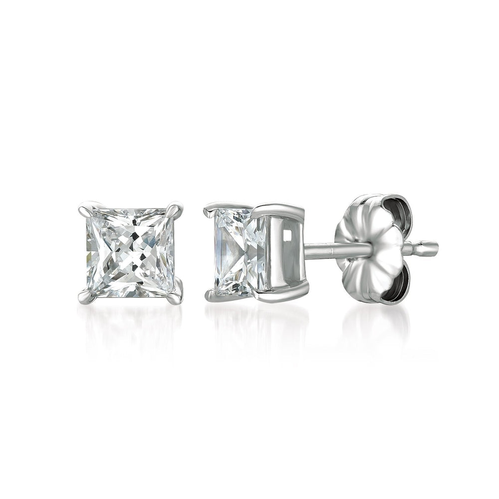 Pair of cz stud earrings on a white background. Available at Be Charmed
