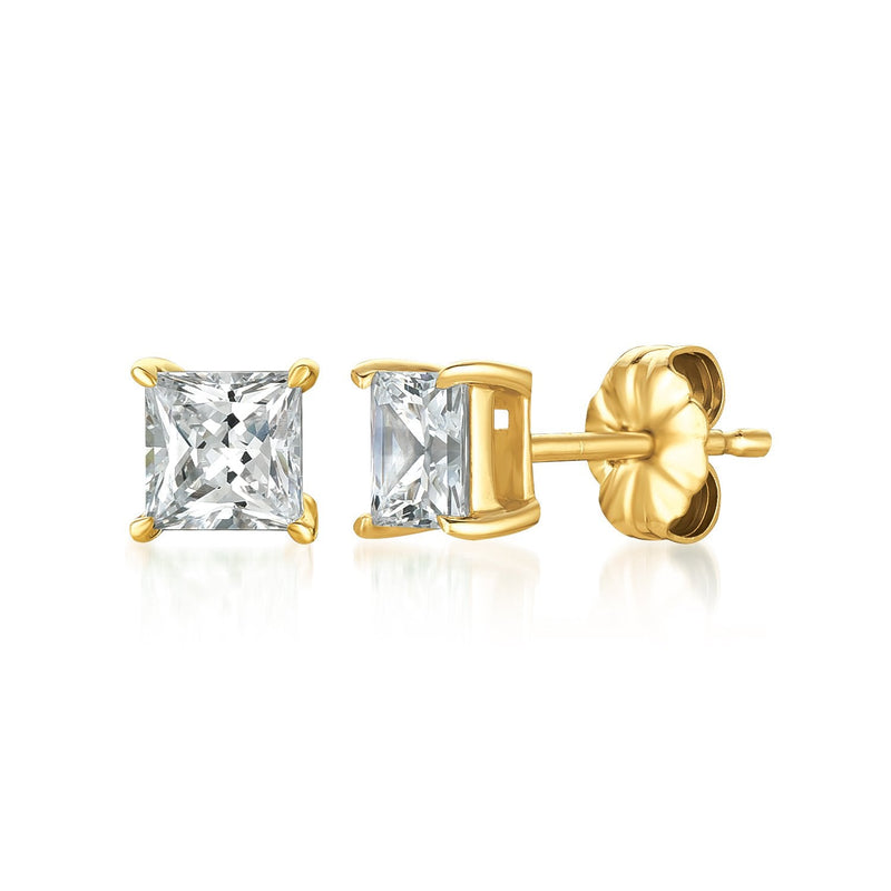 Gold stud earrings with clear gemstones on a white background. Available at Be Charmed