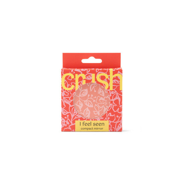 Packaged Crush compact mirror with LED touch lighting and double-sided magnification for makeup touch-ups—Available at Be Charmed