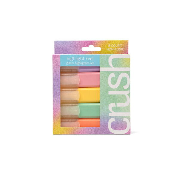 Pack of colorful highlighters with a Crush brand name on a white background. Available at Be Charmed