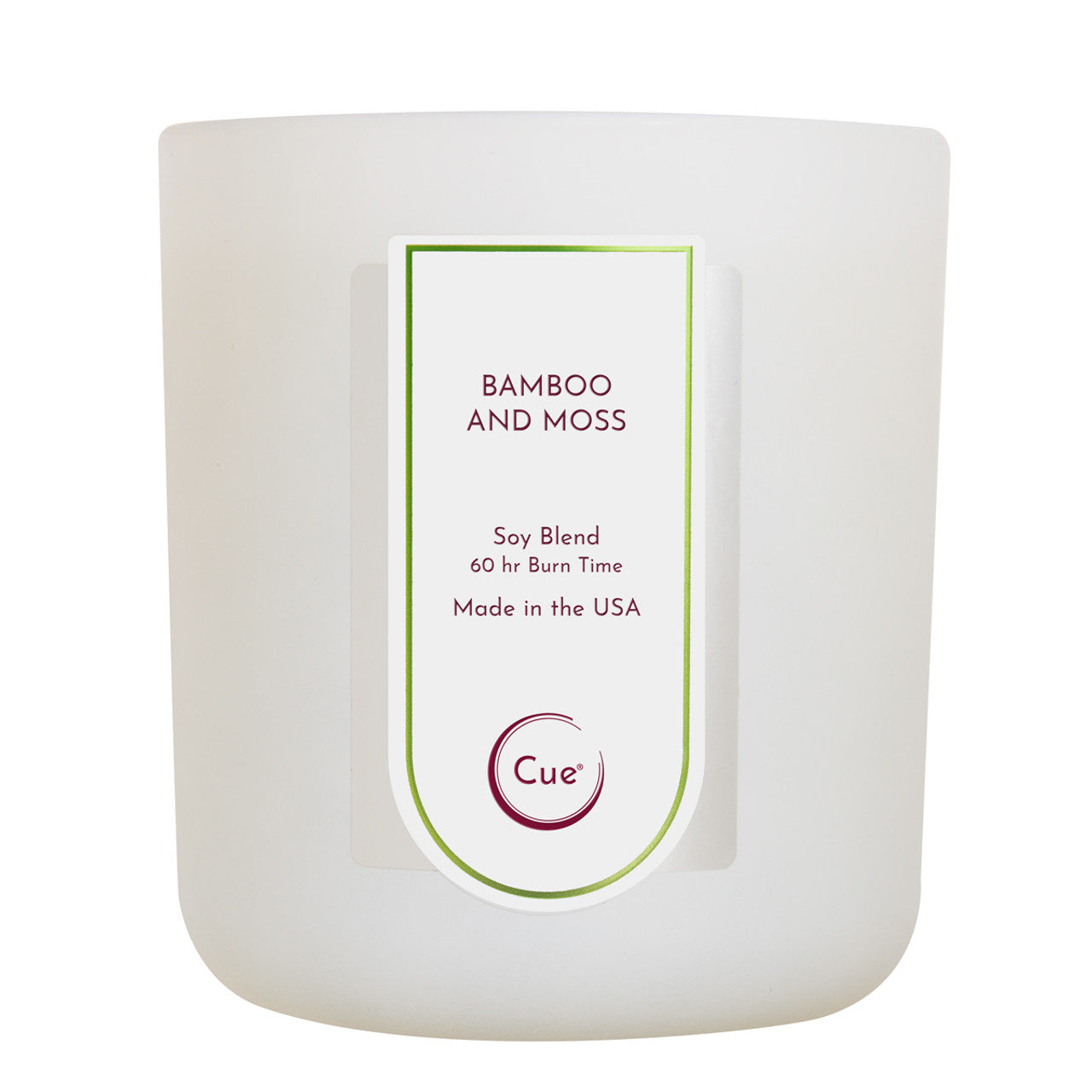 Cue Bamboo & Moss 12 oz soy‑coconut candle in white glass jar with green botanical label—hand‑poured and clean‑burning—Available at Be Charmed