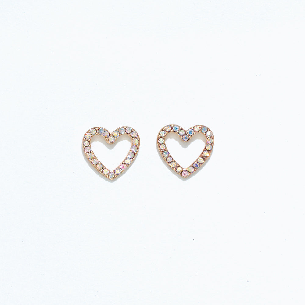 Cuties AB crystal heart stud earrings featuring iridescent Aurora Borealis crystals set on gold-tone hypoallergenic posts. Sparkling and elegant. Available at Be Charmed