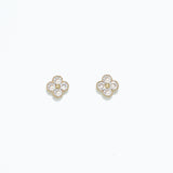 A pair of gold-colored hypoallergenic stainless steel post earrings with a clear crystal clover design. Available at Be Charmed