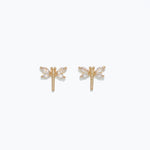 Cuties crystal dragonfly stud earrings — delicate dragonfly motif adorned with shimmering crystals on gold‑tone posts. Whimsical, hypoallergenic, lightweight. Available at Be Charmed