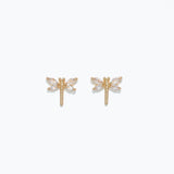 Cuties crystal dragonfly stud earrings — delicate dragonfly motif adorned with shimmering crystals on gold‑tone posts. Whimsical, hypoallergenic, lightweight. Available at Be Charmed