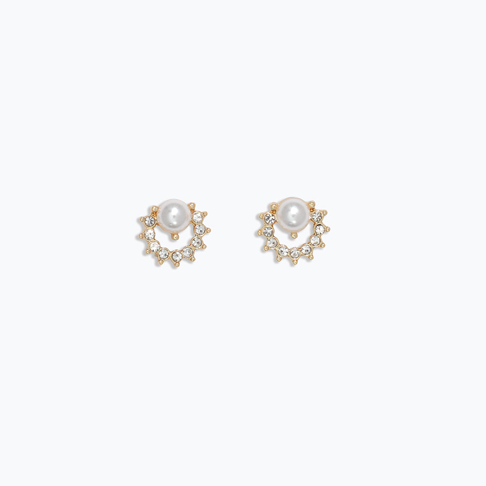 A pair of gold-colored hypoallergenic stainless steel earrings featuring a combination of crystals and pearls. Available at Be Charmed