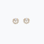 A pair of gold-colored hypoallergenic stainless steel earrings featuring a combination of crystals and pearls. Available at Be Charmed